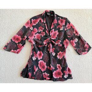 Y2K New York City‎ Design Shirt 1X Black Pink Silk Floral Beaded Top Blouse